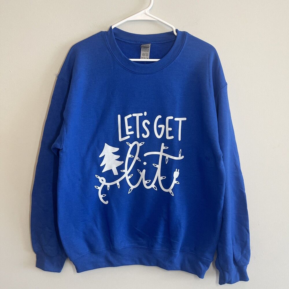 Lets Get Lit Holiday Sweatshirt Size M Blue Christmas Lights Cozy Party Casual